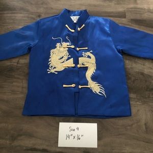 Chinese Gold Dragon Blue Satin Dress Shirt Jacket